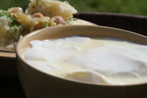 Gęste, białe zsiadłe mleko w glinianej miseczce, obok ziemniaków z koperkiem. Prosty przepis, jak zrobić zsiadłe mleko.