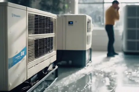 Fuite de gaz de clim. Un homme se tient près d'appareils de climatisation, le sol est mouillé.