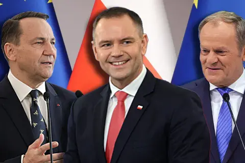 Powrót Donalda Tuska jak wpłynął na notowania Koalicji Obywatelskiej. Trzech polityków na tle flag UE i Polski.