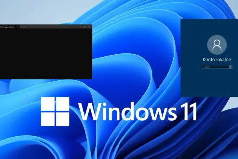 Ekran logowania Windows 11 z kontem lokalnym i otwartym wierszem poleceń, wskazujący na instalację Windows 11 bez internetu.