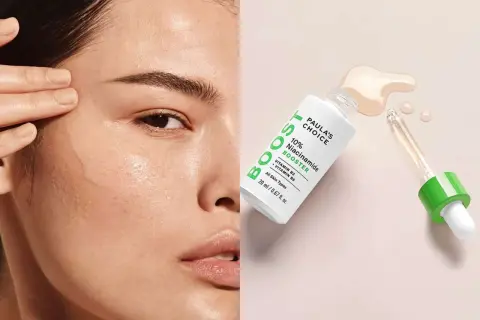 Twarz kobiety i buteleczka serum Paula's Choice z pipetką.