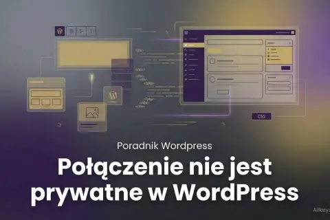 Grafika przedstawia schemat budowy strony w **WordPress** z widocznym logo platformy.