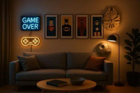 Salon gaming avec néons "GAME OVER" et manette, affiches de super-héros et objets Star Wars. Police d'écriture vintage rétro.