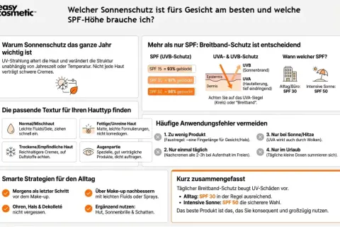 Welcher Lichtschutzfaktor fürs Gesicht? SPF 30 für Alltag, SPF 50 bei intensiver Sonne. Breitband-Schutz ist entscheidend.