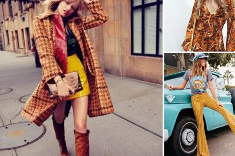 Kobiety w stylizacjach inspirowanych modą lat 60. – płaszcz w kratę, sukienka w paisley, dzwony i koszulka z grafiką.