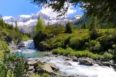 Un torrente impetuoso scorre tra rocce e vegetazione lussureggiante, con una cascata sullo sfondo. Le cime innevate delle montagne dominano il paesaggio del Val di Fumo, suggerendo l'alta altitudine.