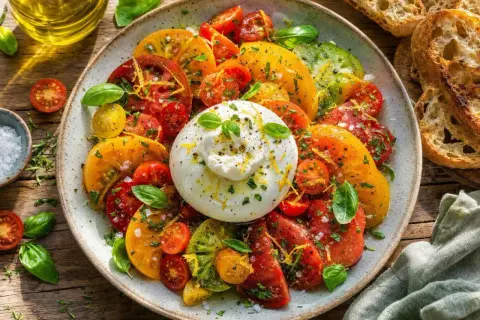 Une burrata crémeuse trône au milieu d'une salade colorée de tomates anciennes, de basilic frais et de zestes de citron. Une entrée parfaite pour l'été.