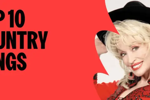 Dolly Parton, Ikone des country song bekannt, lächelt vor rotem Hintergrund mit der Aufschrift "TOP 10 COUNTRY SONGS".