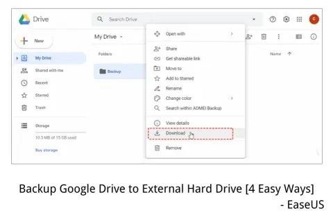 Google Drive interface showing a dropdown menu with "Download" highlighted, illustrating how to transfer Google Photos to an external hard drive.