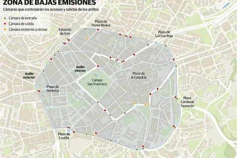 Mapa de la zona de bajas emisiones de Oviedo, mostrando cámaras de control en los anillos interior y exterior.
