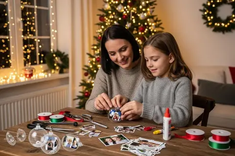 Kobieta i dziewczynka tworzą bombki ze zdjęciami na tle choinki.