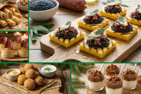 Varietà di cotechino ricette gourmet: involtini, tartine, polpette e bicchierini con lenticchie e cotechino.