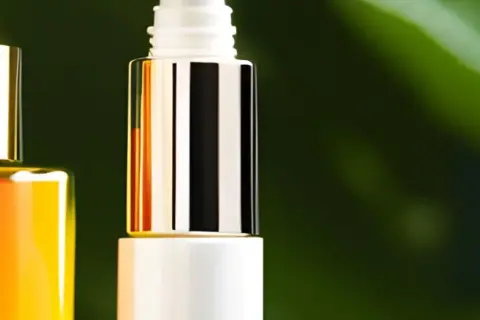 Zwei Pipettenflaschen mit goldenen Kappen, eine mit orangefarbener Flüssigkeit, die an Retinol und Vitamin C erinnert, vor einem grünen Hintergrund.