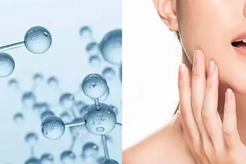 Molecole di sodio ialuronato che idratano la pelle di un viso.