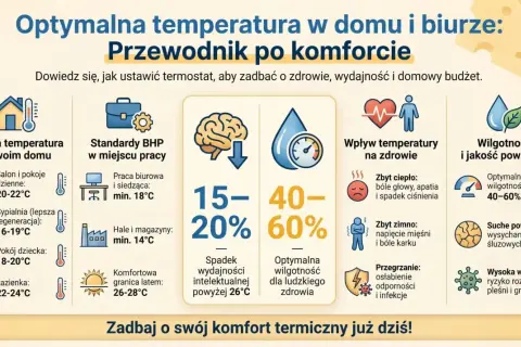 Infografika o optymalnej temperaturze i wilgotności w domu i biurze, z ikonami i danymi.