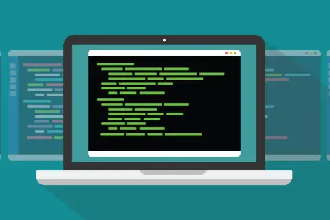 Laptop z zielonym kodem na czarnym tle, otoczony innymi oknami z kodem. Może to być wizualizacja pracy z narzędziem psexec.