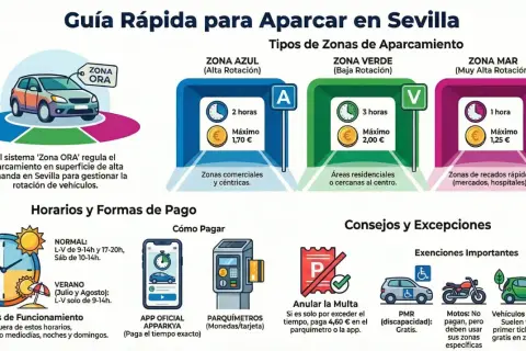 Guía rápida para aparcar en Sevilla: zonas azul, verde y mar, horarios, pagos y excepciones. Descubre wo am besten parken in Sevilla.