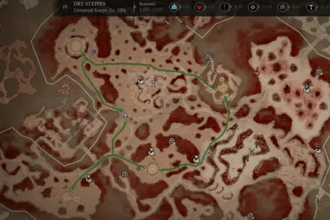Karte von Dry Steppes mit einer grünen Route, die durch die Helltide führt. Symbole zeigen Orte und Ziele.