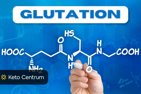 Struktura chemiczna glutationu, kluczowego antyoksydantu, rysowana ręką na niebieskim tle z logo Keto Centrum.