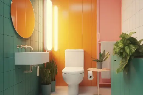 Salle de bain colorée avec lavabo, toilettes et plantes. Une décoration toilette moderne et vibrante.