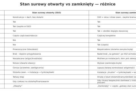 Tabela porównuje stan surowy otwarty i zamknięty, pokazując kolejność prac wykończeniowych od stanu surowego zamkniętego.