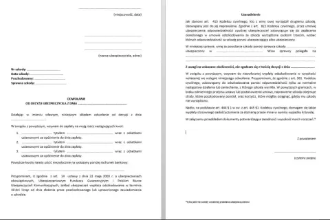 Odwołanie od decyzji ubezpieczyciela w sprawie szkody. Wzywam do zapłaty odszkodowania i zadośćuczynienia.