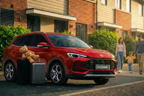 Czerwone auto MG gotowe na podróż. Na walizkach siedzi miś, a w tle rodzina z dzieckiem.
