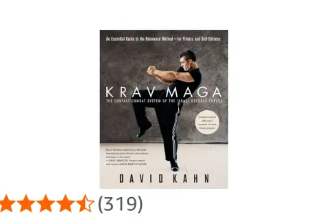 Omslag till boken "Krav Maga" av David Kahn, med en man i en försvarsställning. Boken lär ut självförsvar och träning.