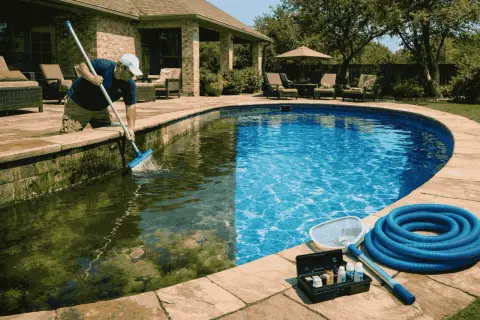 Man kneels to brush algae from pool edge, demonstrating how to vacuum a pool. Pool cleaning supplies are nearby.