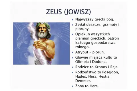 Zeus, władca bogów olimpijskich, z piorunem w dłoni.