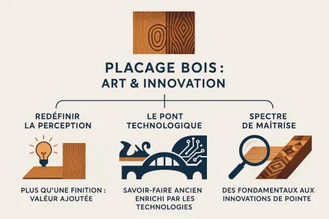 Illustration conceptuelle sur le placage bois : art et innovation. Un collage sur bois met en avant la perception, le savoir-faire et la maîtrise.