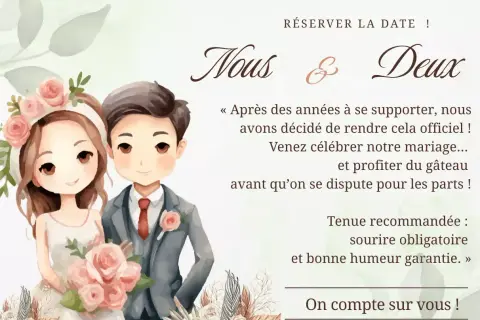 Illustration d'un couple marié, invitant à célébrer leur union. Un texte humoristique pour une cagnotte mariage.
