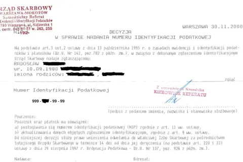 Decyzja Urzędu Skarbowego o nadaniu numeru identyfikacji podatkowej (NIP).