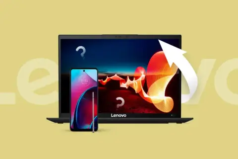 Jak zresetować tablet Lenovo? Laptop i smartfon Lenovo z pytajnikami i strzałką wskazującą na odświeżenie.