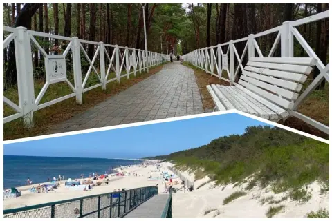 Ścieżka przez las z białym płotem i ławką prowadzi do plaży. Międzywodziu atrakcje to idealne miejsce na wypoczynek.