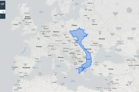 Powierzchnia Wietnamu porównana z Europą. Widać, jak duży jest Wietnam w stosunku do Polski i innych krajów.