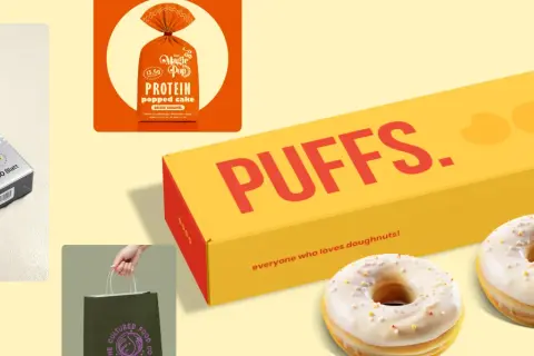 Vibrant product packaging trends: a box of "Puffs" doughnuts, a protein cake bag, and a pack of A4 cardstock.