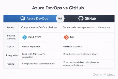 Tableau comparatif Azure DevOps vs GitHub, mettant en avant le focus, le contrôle source (Git), CI/CD, intégration et prix. Le **GitHub licence** est un élément clé pour les projets.