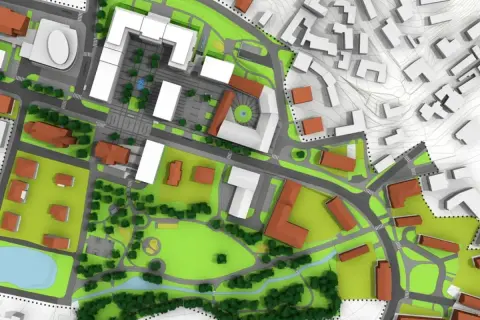 Wizualizacja MPZP: nowoczesne budynki, park, jezioro i drogi. Plan zagospodarowania przestrzennego w akcji.