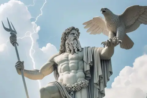 Statue du roi des dieux grecs, Zeus, tenant un trident et un aigle, sous un ciel orageux.