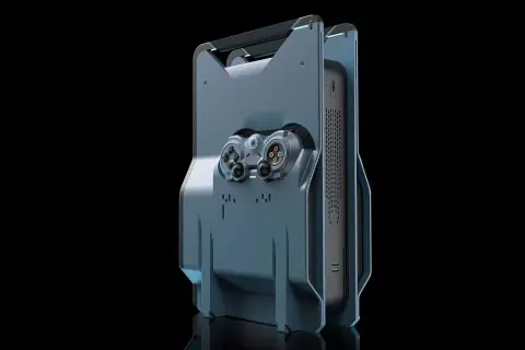 Futurystyczna konsola, przypominająca projekt playstation 7, z wbudowanym kontrolerem i uchwytem.