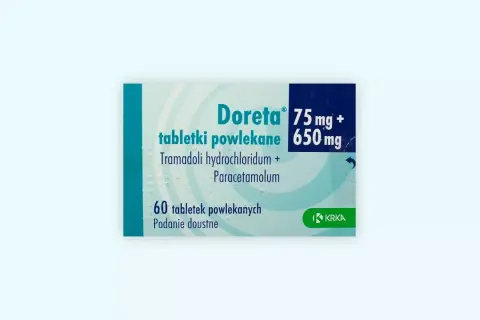Opakowanie leku Doreta na co? Tabletki powlekane z tramadolem i paracetamolem, 60 sztuk.