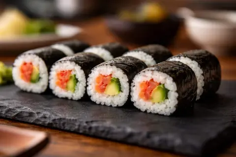 Roladki sushi z łososiem i awokado, owinięte w ciemne nori, ułożone na czarnej desce.