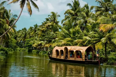 Une péniche navigue sur un canal bordé de palmiers luxuriants. Une belle façon de découvrir que faire au Kerala.