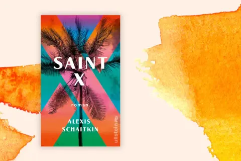 Buchcover "Saint X" von Alexis Schaitkin mit Palmen und tropischem Himmel.