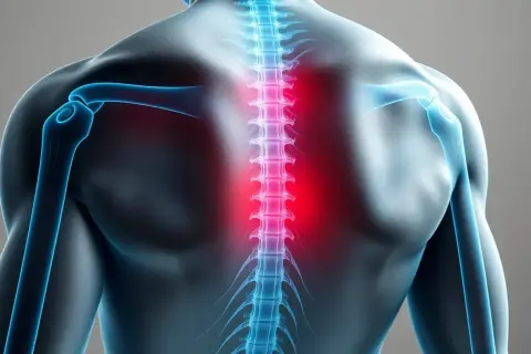 Illustration av en rygg med rödmarkerad muskelinflammation skulderblad.