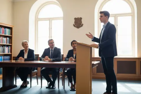 Młody mężczyzna przemawia przy mównicy, podczas gdy komisja oceniająca słucha, jakby zadawała przykładowe pytania na obronie pracy licencjackiej.