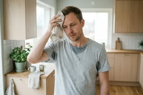 Man i köket torkar pannan med en trasa, svettas mycket.