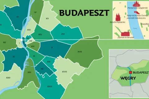 Mapa administracyjna Budapesztu, stolicy Węgier. Widoczne dzielnice, Dunaj i zabytki.