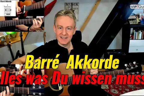 Mann erklärt Barré Akkorde auf Gitarre. Diagramme zeigen F- und B-Akkorde. Alles, was du wissen musst!